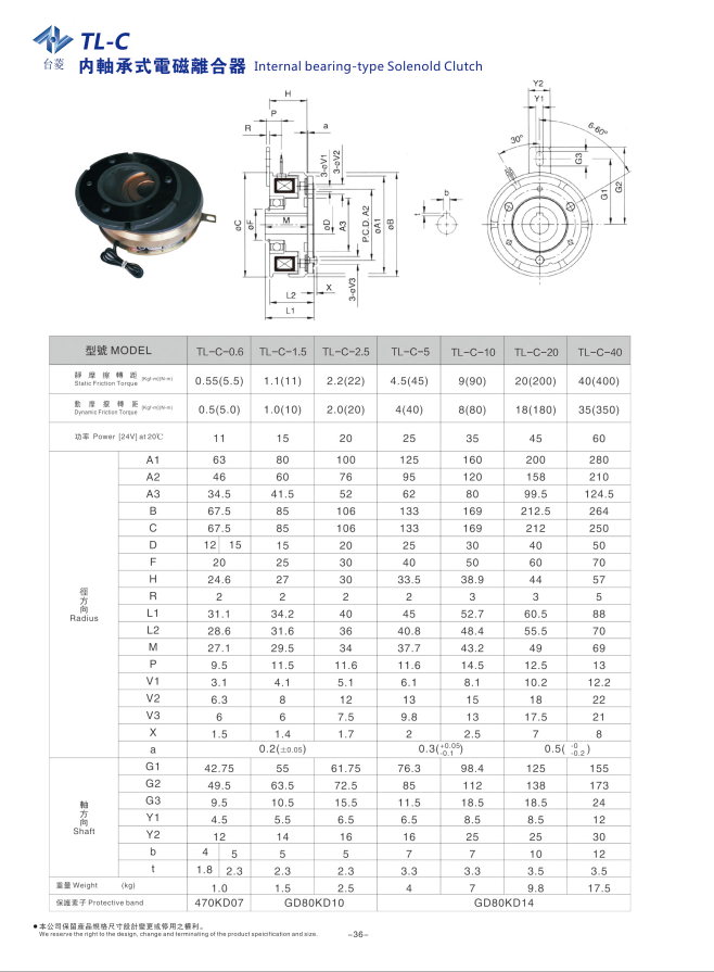 內(nèi)軸承式電磁離合器TL-C型規(guī)格型號(hào)尺寸參數(shù)表