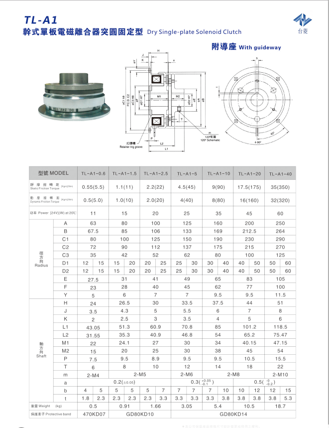 單片電磁離合器附鋁合金導座TL-A1型規(guī)格型號尺寸參數(shù)表